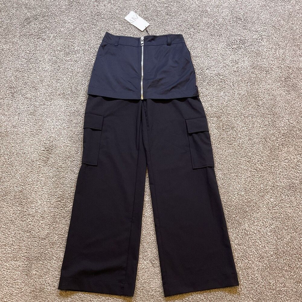 New Zara Skirt Over Cargo‎ Trousers Wide Leg Pants Size XS  Black Boho Goth NWT